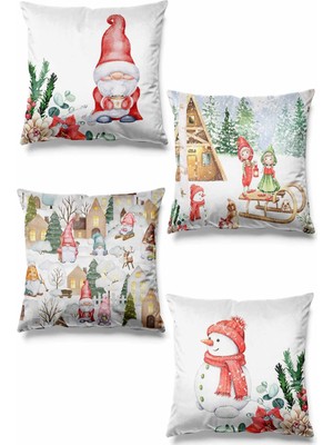 Çift Tarafı Desenli Süet Kırlent Kılıfı, Yılbaşı ve Noel Temalı, 4'lü Set