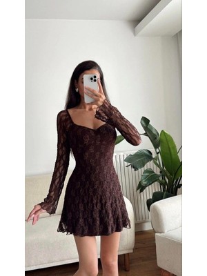 Elaxi Kadın Kalp Yaka Astarlı Dantel Mini Elbise – Şıklığın En Romantik Yorumu