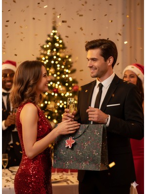 Dodomar 44×34×18 cm Yeşil Kokinalı Çam Dallı Desenli Lüks Yılbaşı Hediyelik Karton Çanta