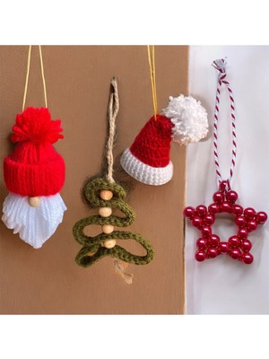 El Yapımı Yılbaşı Süsleri 4’lü Set, Sakallı Baba, Şapka, Örme Çam ve Kırmızı Yıldız