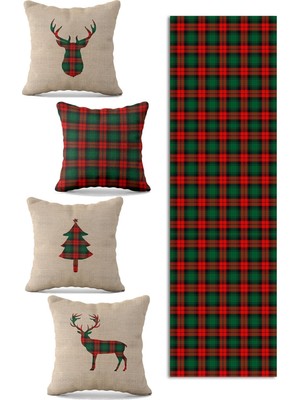 Yılbaşı Temalı Renkli Kırlent ve Runner Seti 4'lü Özel Tasarım