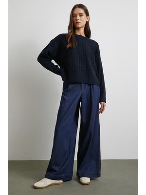 Yüksek Bel Geniş Paça Jean Lacivert