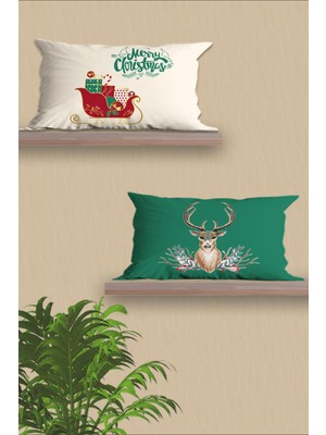 2'li Dikdörtgen Yılbaşı Desenli Çift Taraf Baskılı Yastık ve Kırlent Kılıfı