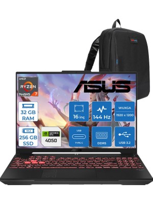 Asus Tuf Gaming A16 (FA607NUG-GAMING) Amd Ryzen™ 7 7445HS 32GB Ddr5 256GB SSD RTX4050/6GB 140W 16-Inch, Fhd+ 16:10 (1920 x 1200, Wuxga) 144Hz IPS Freedos Taşınabilir Bilgisayar RL125F11+ZETTAÇANTA