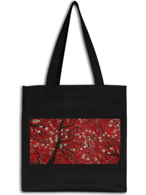 INKD Sanatsal Kanvas Çanta – Kırmızı Kiraz Çiçekleri Tasarım - 35X40X10CM