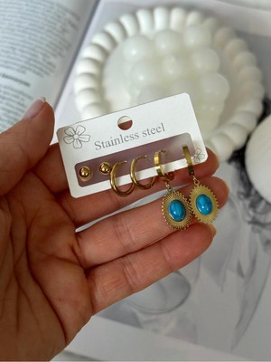 Hercy Turkuaz Boncuklu Çelik Küpe Set