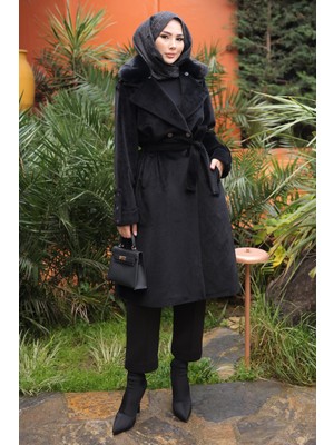 İmaj Butik Siyah Yaka Kürklü Angora Kaban