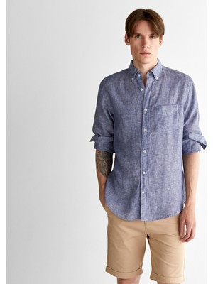 Gant Erkek Mavi Regular Fit Düğmeli Yaka Keten Gömlek
