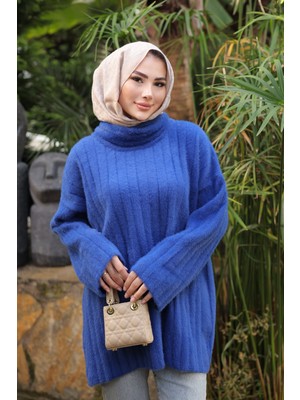 İmaj Butik Saks Mavi Balıkçı Yaka Salaş Angora Yumoş Triko Tunik