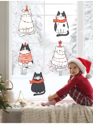Yılbaşı Sevimli Noel Kedileri Çok Renkli Cam Duvar Sticker Seti