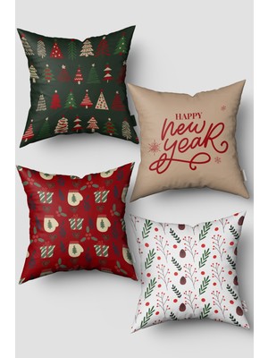 Yılbaşı Temalı Kırmızı Bej Renkli Çam Ağaçları 4'lü Kırlent Kılıfı Seti