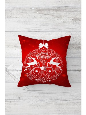 Kırmızı Yılbaşı Geyik Temalı Tek Taraf Baskılı Gizli Fermuarlı Yastık Kılıfı