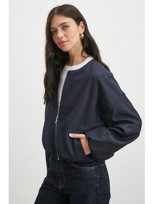 Beli Lastikli Fermuarlı Denim Görünümlü Bomber Ceket Lacivert