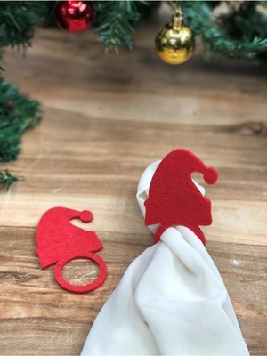 6'lı Kırmızı Keçe Yılbaşı Sofra Peçete Halkası ve Noel Baba Şapkası Figürü