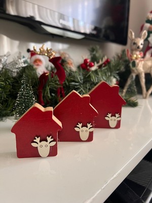 3'lü Ahşap Ev Yılbaşı Süsleri, Kırmızı Geyikli, Noel ve Christmas Dekoru