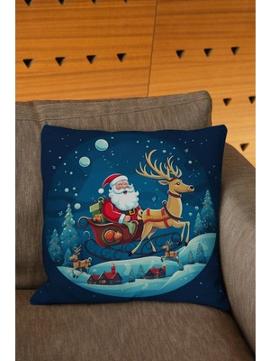 Yılbaşı Temalı Geyik ve Noel Baba Dijital Baskılı Mavi Beyaz Kırlent Kılıfı