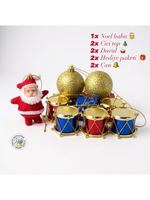 Renkli Yılbaşı Süsü Seti 9'lu Noel Baba, Davul, Çan, Hediye Paketi, Cici Top