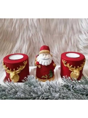 Kırmızı Noel Baba Figürlü Mumluk Takımı, Şık Yılbaşı Dekorasyonu, Renkli ve Sıcak Atmosfer