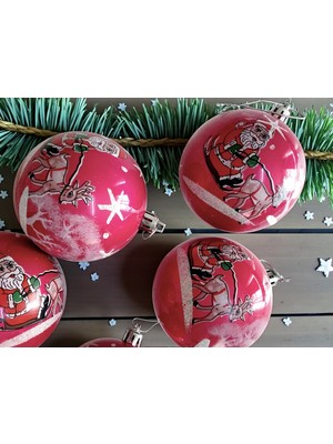 6’lı Fuşya Toplar ve Geyik Süsleri, Noel Baba Figürlü, 7 Cm, Çam Ağacı Dekoru
