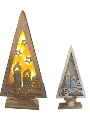 Renkli LED Işıklı Ahşap Noel Ağacı Figürlü Dekor Süsü