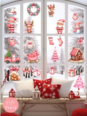 Şeffaf Yılbaşı Süsleri, Pembe Noel Baba ve Geyik Temalı Duvar Sticker, 49 Adet, 30X120CM