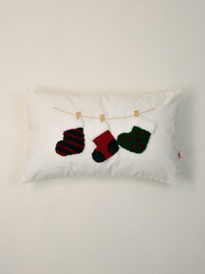 Yılbaşı Temalı Ekru Dikdörtgen Kırlent ve Yastık Kılıfı Seti