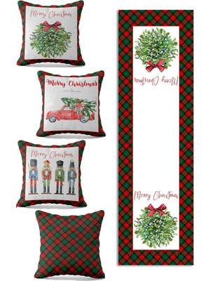 Yılbaşı Temalı Renkli Kırlent ve Runner Seti, Özel Tasarım, 4'lü Paket