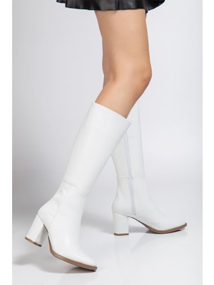 Shemard Beyaz Cilt Topuklu Kadın Çizme