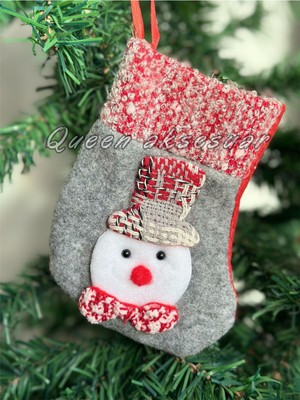 Gri Peluş Yılbaşı Dekoru, Kardan Adam, Ağaç ve Çorap Süsleri Seti