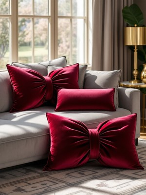 Kırmızı Fiyonk Görünümlü Dekoratif Yastık Seti, Iç Dolgulu, Hediye, Kırlent ve Minder (3 Parça)