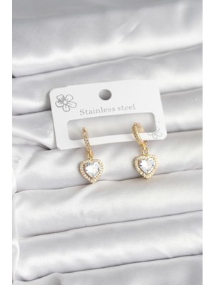 Senson Pirinç Gold Renk Zirkon Taşlı Kalp Model Kadın Küpe - Lisinya