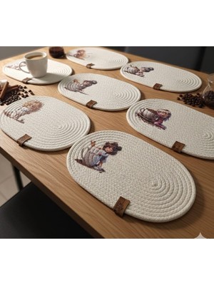 Dg-Atölye Resimli Hasır Kahve Sunumluk Supla 6 Adet (Tres Kordon Pamuk Ipli)