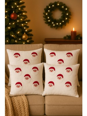 Yılbaşı Noel Baba Nakışlı 4'lü Yastık Kılıfı, Yıkanabilir, Işlemeli, Beyaz