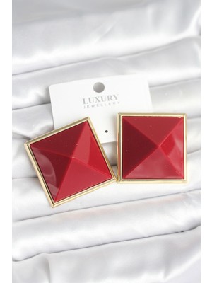 Senson Pirinç Gold Renk Bordo Piramit Model Kadın Küpe - Lisinya