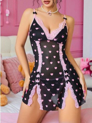 Marsilyan-  Siyah Kalp Desenli Dantel Işlemeli Fantezi Gecelik