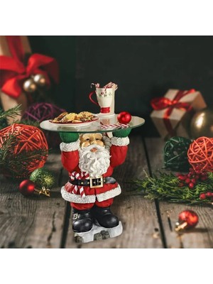 Kırmızı Beyaz Noel Baba Heykeli, 11X21 Cm, Tepsi Tutan, Renkli Dekorasyon Parçası