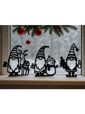 Yılbaşı Temalı Cam Duvar Süsü, Noel Cüceleri, 17CM, Siyah, Pencerede Dekorasyon
