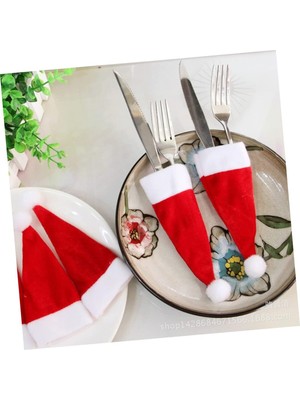 6 Adet Kırmızı Dekoratif Noel Baba Şapkası Kaşıklık, Yılbaşı Sofra Dekoru