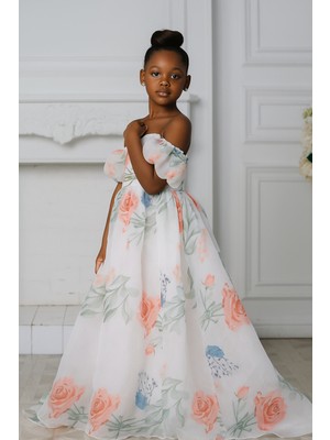 LilyMoon Kız Çocuk,çiçekli Organze Kuyruklu Abiye Mezuniyet Elbise,5-14 Yaş