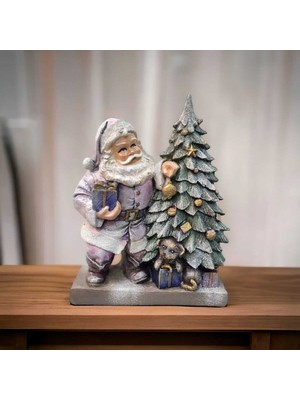 Renkli Noel Baba ve Çam Ağaçlı Polyester Dekoratif Heykel, Şık ve Neşeli Yılbaşı Süsü