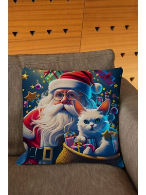 Yılbaşı Temalı Renkli Kedi ve Noel Baba Dijital Baskılı Kırlent Kılıfı