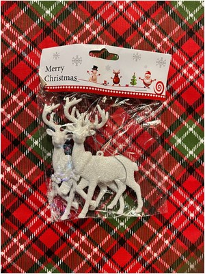 Beyaz 2'li Yılbaşı Çam Ağacı Süsü ve Noel Geyik Dekoru Seti, 13 cm