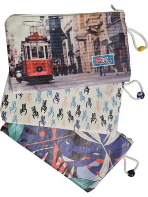 Baskılı 3 Farklı Model Fermuarlı  Akrilik Bez Cüzdan