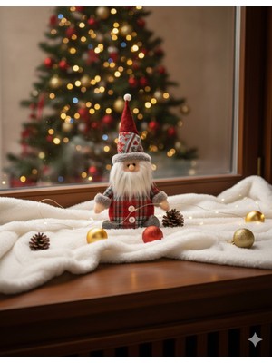 35 cm Ekoseli Oturan Noel Baba Figürü, Renkli ve Dekoratif Yılbaşı Süsleme