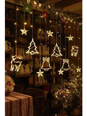 Yılbaşı LED Işık Perde, Çam Ağacı Geyik Çan Temalı Süsleme Zinciri
