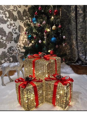 Yılbaşı Ağacı Altı LED Işıklı Hediye Kutu Seti, Kırmızı Kurdele, Bej