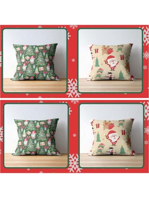 Renkli Noel Baba Figürlü Dijital Baskılı 4'lü Kırlent Kılıfı 43X43 cm