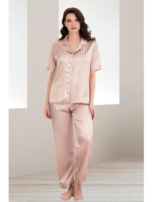 Nightlove Lady Kısa Kol Ince Çizgili Saten Pijama Takım
