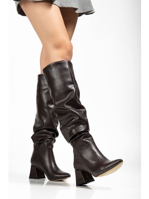 Shemard Kahve Körüklü Kalın Topuklu Günlük Bayan Çizme