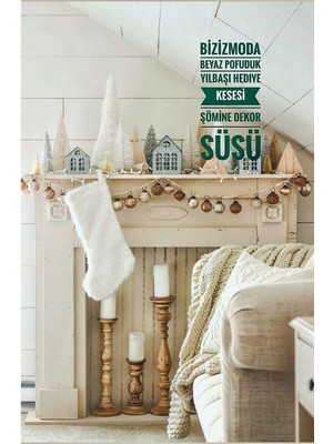 Beyaz Yılbaşı Çorabı, Şömine ve Noel Temalı Süs Çorabı